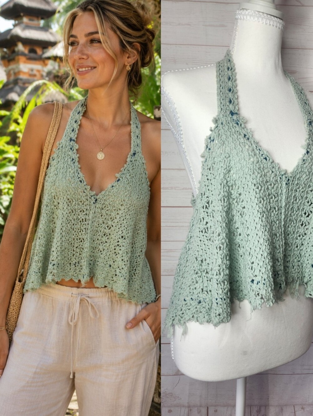 Free People FP Beach Crochet Halter Tank Top - Sage Green Size Medium